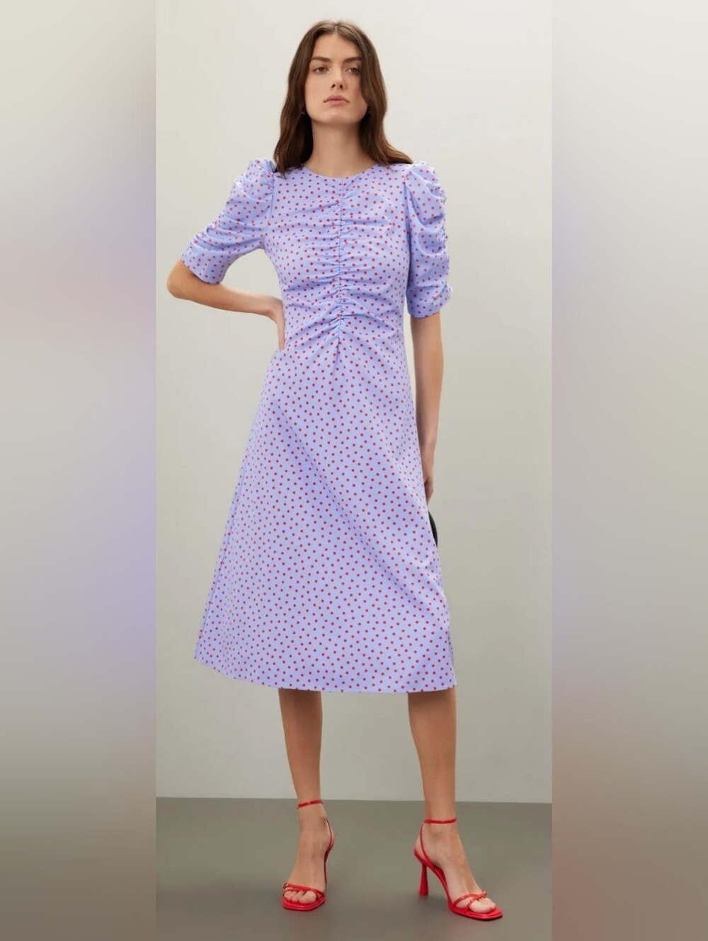Lilac Polka Dot Midi Dress with Puff Sleeves
